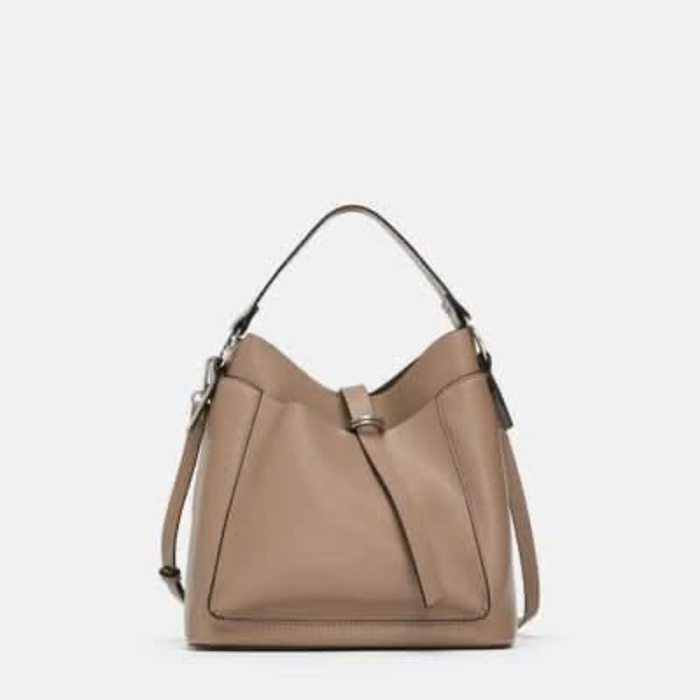 Zara Taupe Hobo Bag with Top Handle and Strap